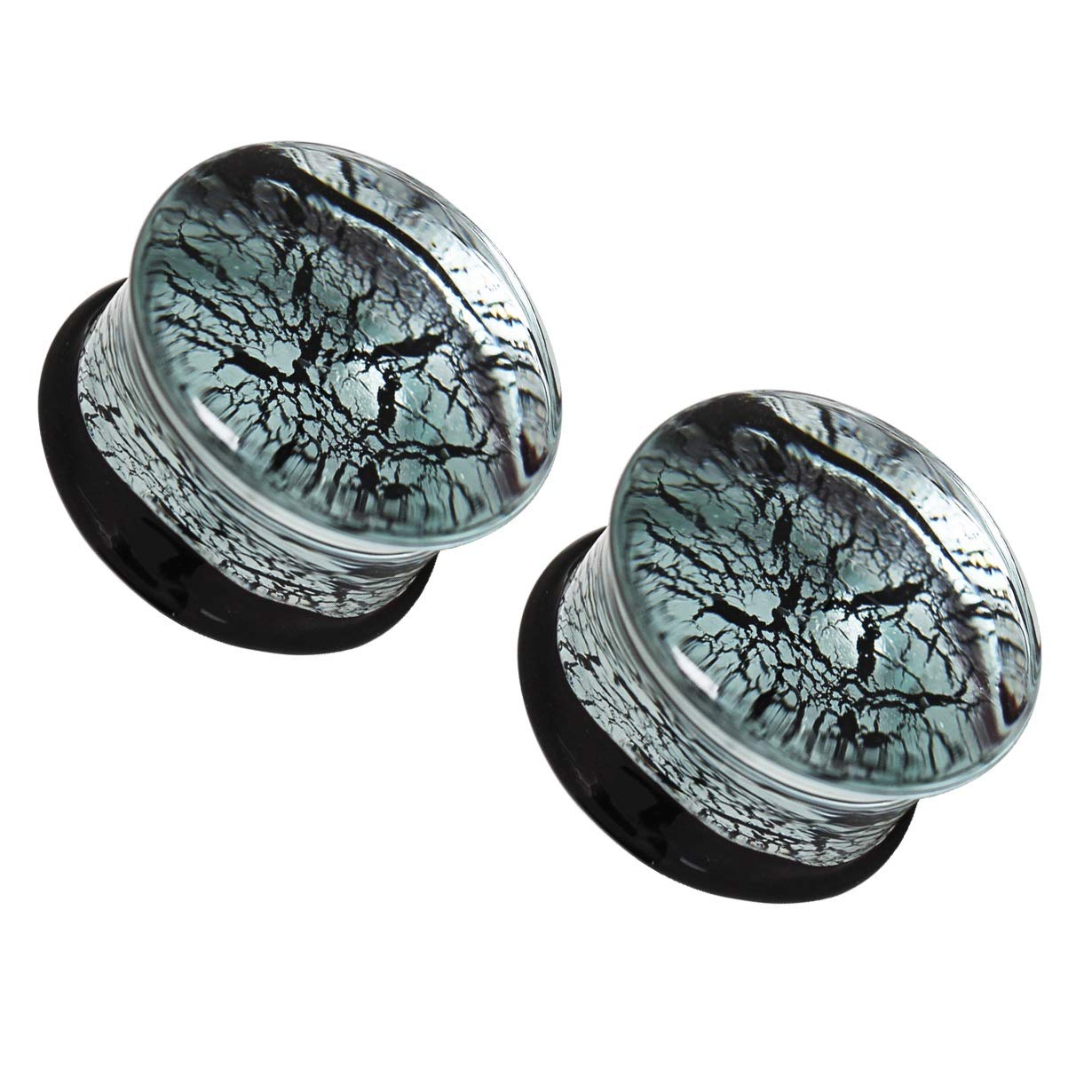 Pierced OwlGlass Silver and Black Cracked Web Design Double Flared Ear Plug Gauges, Sold As Pair
