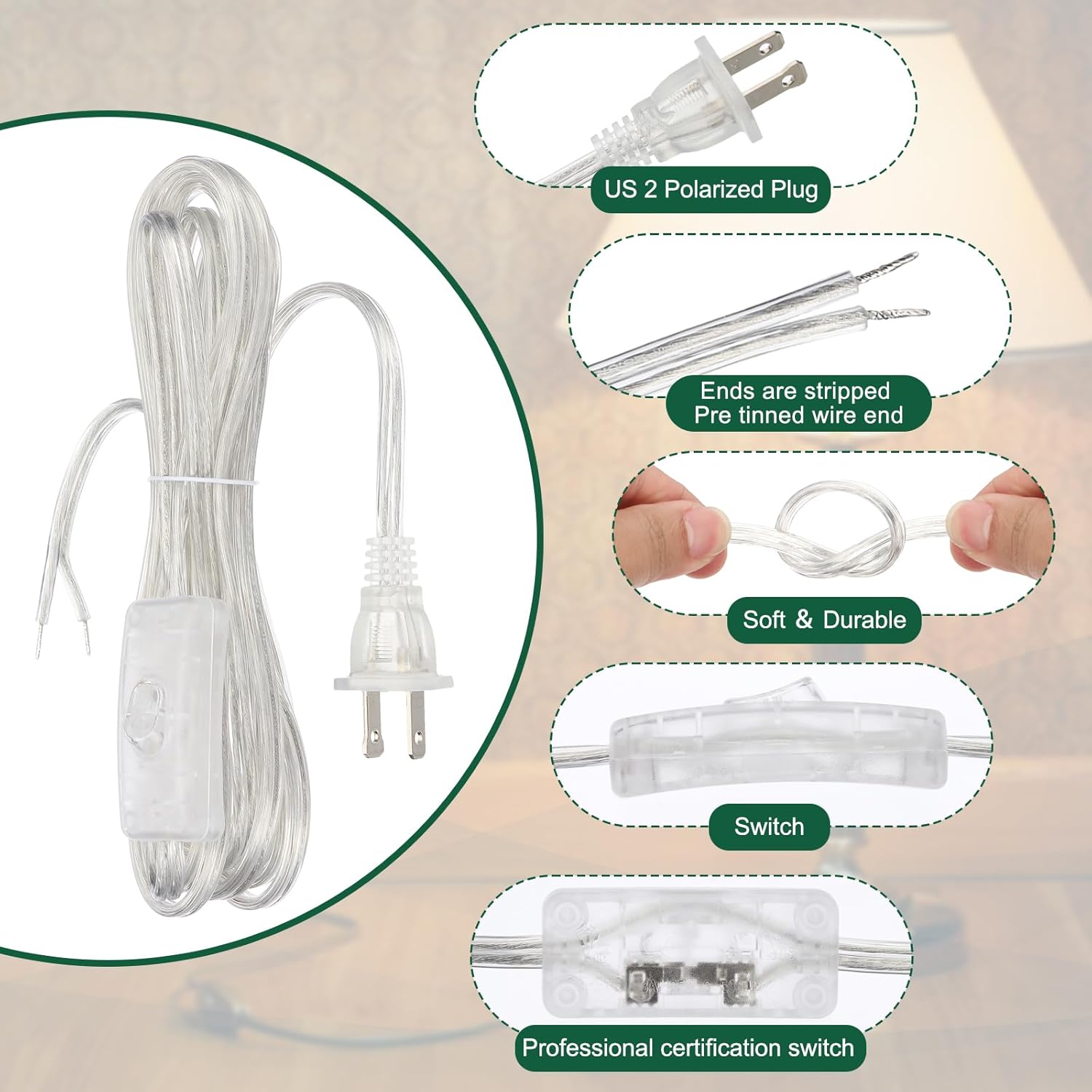 Generic 12 Feet 18AWG Lamp Cord with Plug, SPT-2 UL List Lamp Power Cord Stripped Ends Ready for Wiring Lamp Wire with Wire Connectors for Light Replacement DIY, Clear