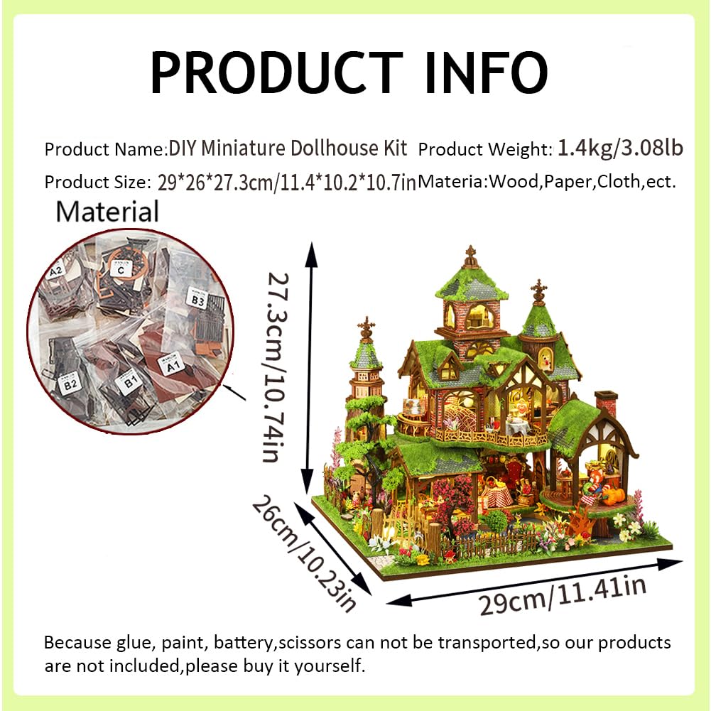 Casa de muñecas DIY en miniatura casa de madera con iluminación LED, tema del castillo del bosque, música, rompecabezas de madera 3D estantería (con tapa antipolvo)