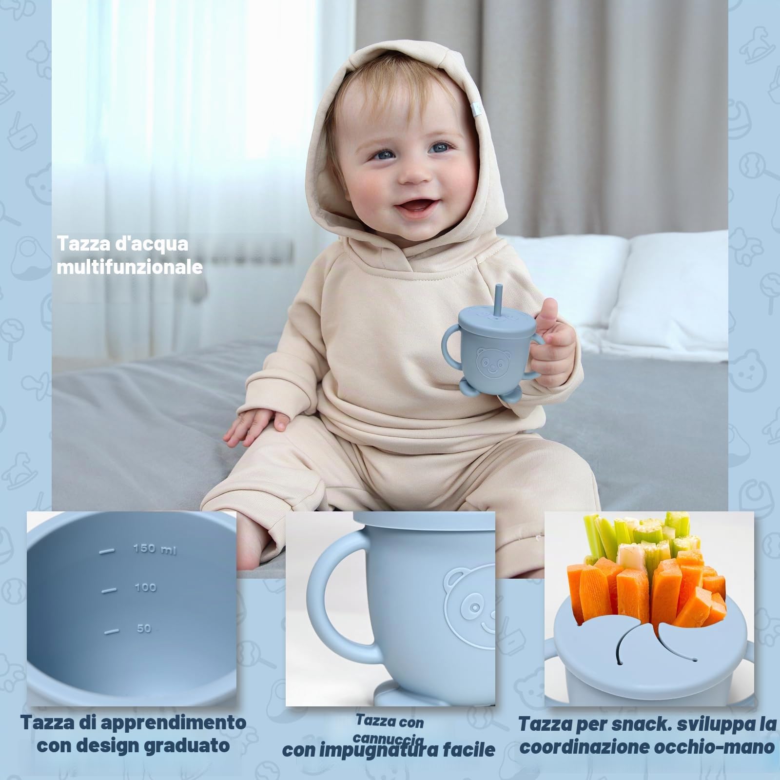 Set Pappa Svezzamento, 11 Pezzi Svezzamento Set Silicone Piatto per Bambini con Ventosa Ciotola Cucchiaio Tazza Bavaglino,Training Esercitarsi A Mangiare Da Soli, Set di Posate,Senza BPA(Blu)