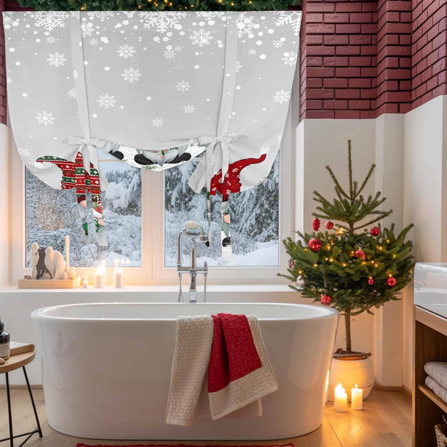 Yukro Tie Up Curtains Window Shades, Christmas Gnome Xmas Tree Winter Snow Rod Pocket Tie Up Window Shade, Adjustable Balloon Curtain Shade for Blinds Kitchen Bathroom, 1 Panel, 52"x63"