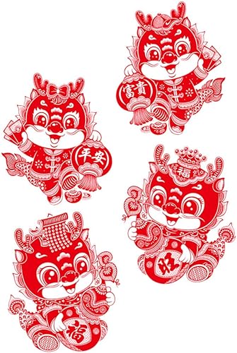 Miniatura 7 de HOLIDYOYO 2 pares de calcomanías de ventana de año nuevo chino, festival de primavera, estática, color rojo, calcomanías para ventana de Año Nuevo