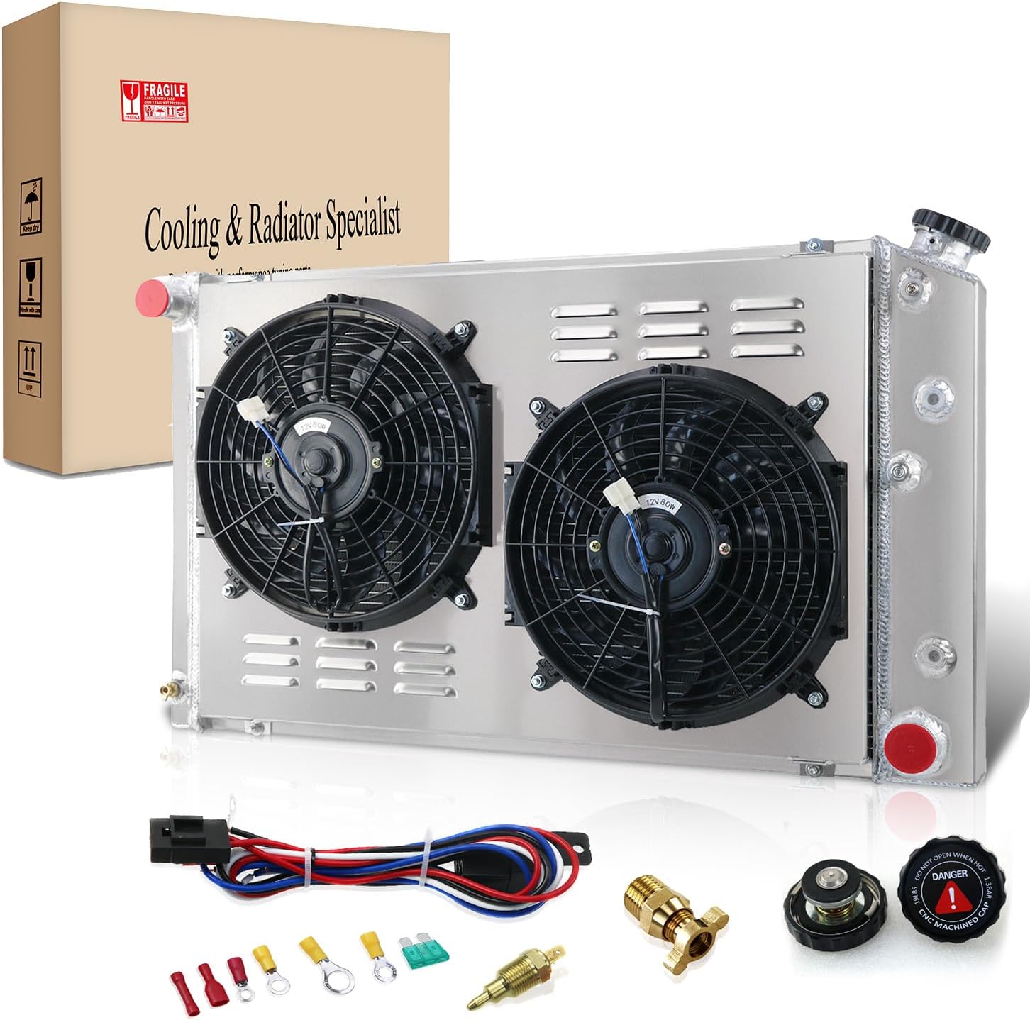 YuFiQiDa 3-Row Aluminum Radiator Fan Shroud Kit w/ 2x12" Fans & Thermostat for Chevy Chevelle El Camino Impala 1960-1990