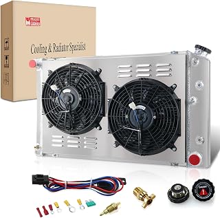 YuFiQiDa 3-Row Aluminum Radiator Fan Shroud Kit w/ 2x12" Fans & Thermostat for Chevy Chevelle El Camino Impala 1960-1990