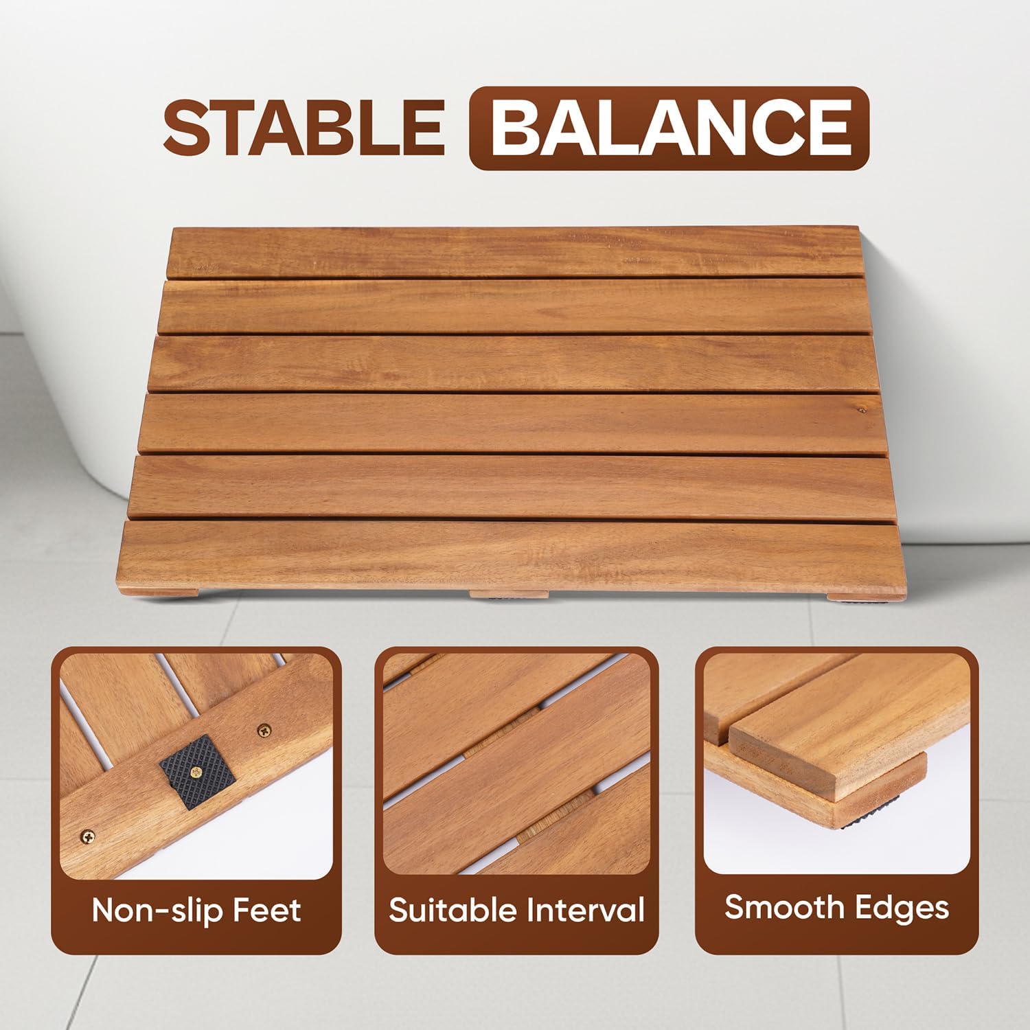 Wooden Shower Mat 13×20 in – Solid Acacia Wood Bath Mat, Non-Slip Feet, Slatted Fast-Drainage Design – Spa, Bathroom & Outdoor Use (Acacia)