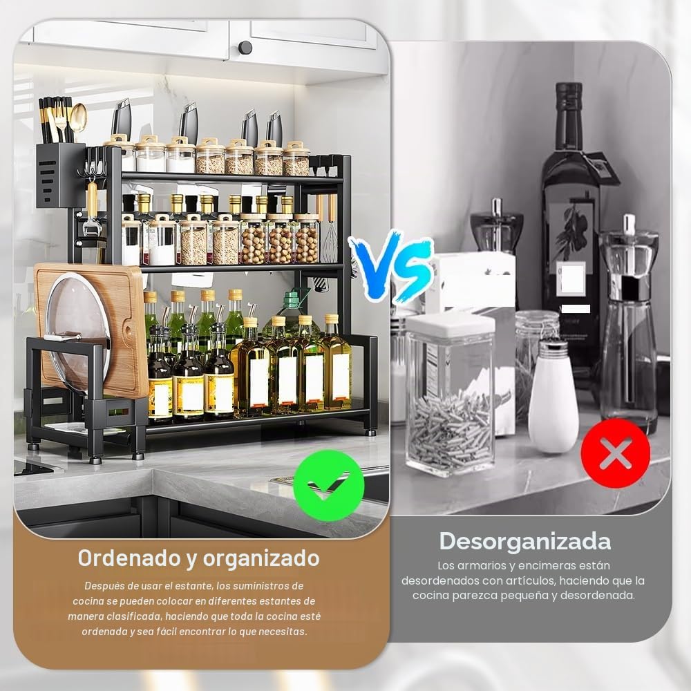 Organizador de Especias para Cocina, Estantería para Especias de 3 Niveles de Pie, Especieros para Cocina de Acero al Carbono con Soporte para Tabla de Cortar, Caja para Utensilios y 6 Ganchos