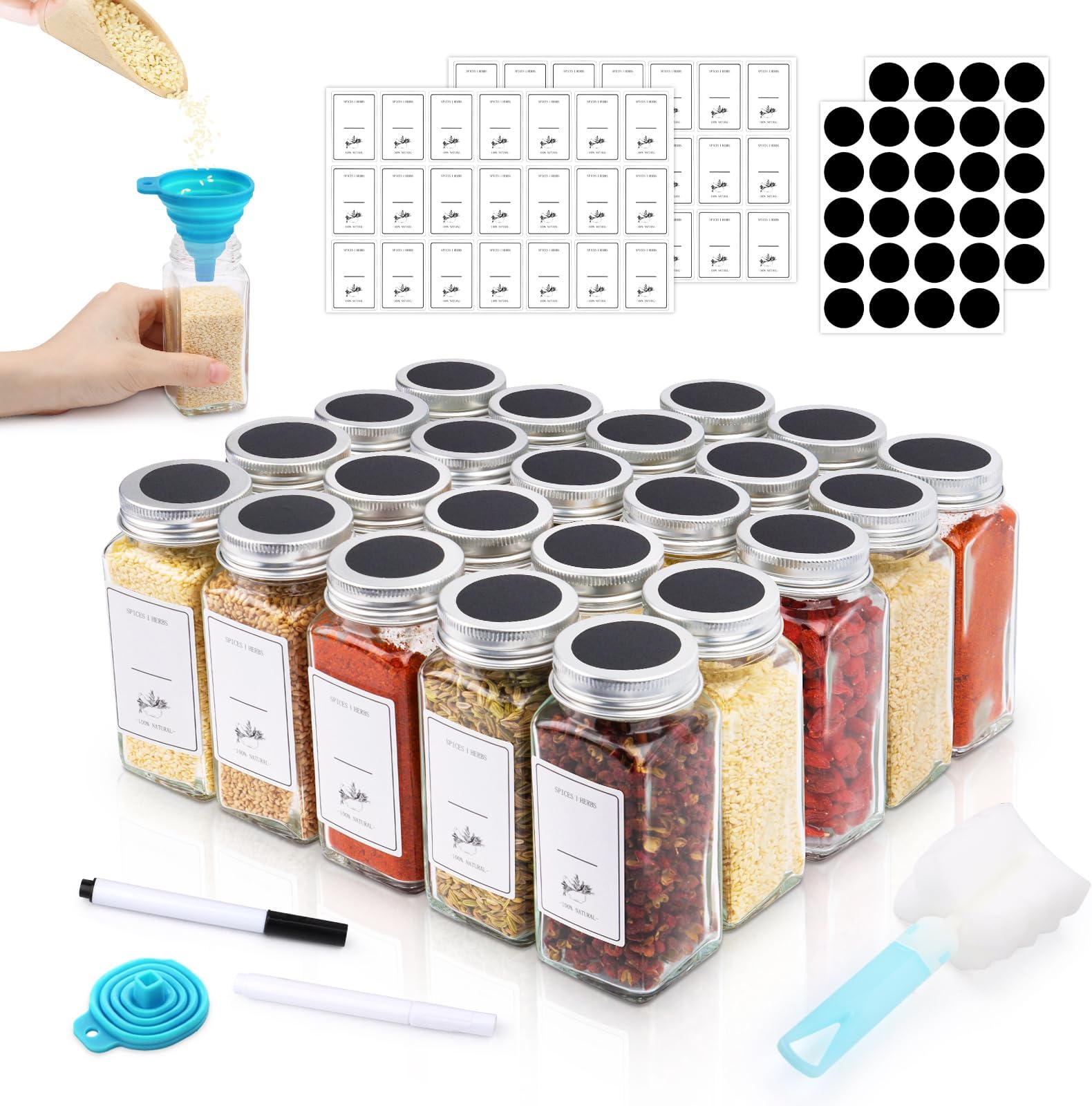 24 Pots à Épices En Verre Avec Couvercles - Étiquettes, Entonnoirs, Brosse - Rangement Cuisine Organisé
