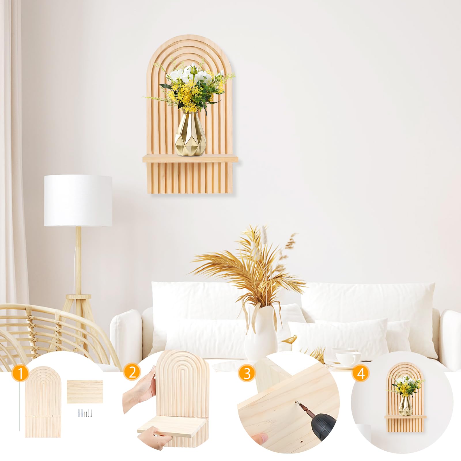 Mumisuto Etagere Murale Bois, Lot De 2 Étagère Murale Style Boheme Moderne 18cm Large, Decoration Murale Conception D'arcs En 3D, Pour Salon Chambre Bureau Cuisine, Blanc