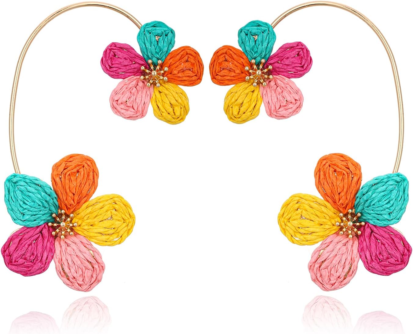 Raffia Flower Earrings for Women, Colorful Dangle Tropical Boho Beach Earrings, Lightweight Straw Handmade Jewelry for Vacation