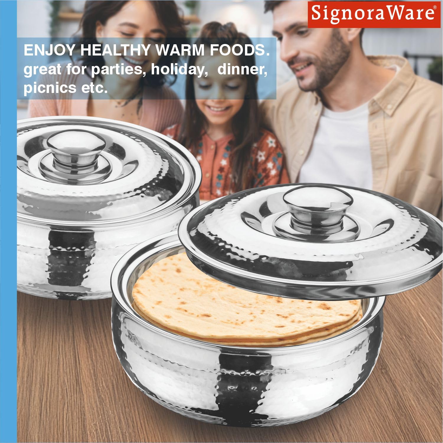 Signoraware Hammered Stainless Steel Casserole | Airtight & Leakproof | Easy-Grip Side Handles | Ideal For Hot Chapattis, Dal, Biryani, Sabzi & Pulao | Great for Family Gatherings (1 Ltr | Steel) 4