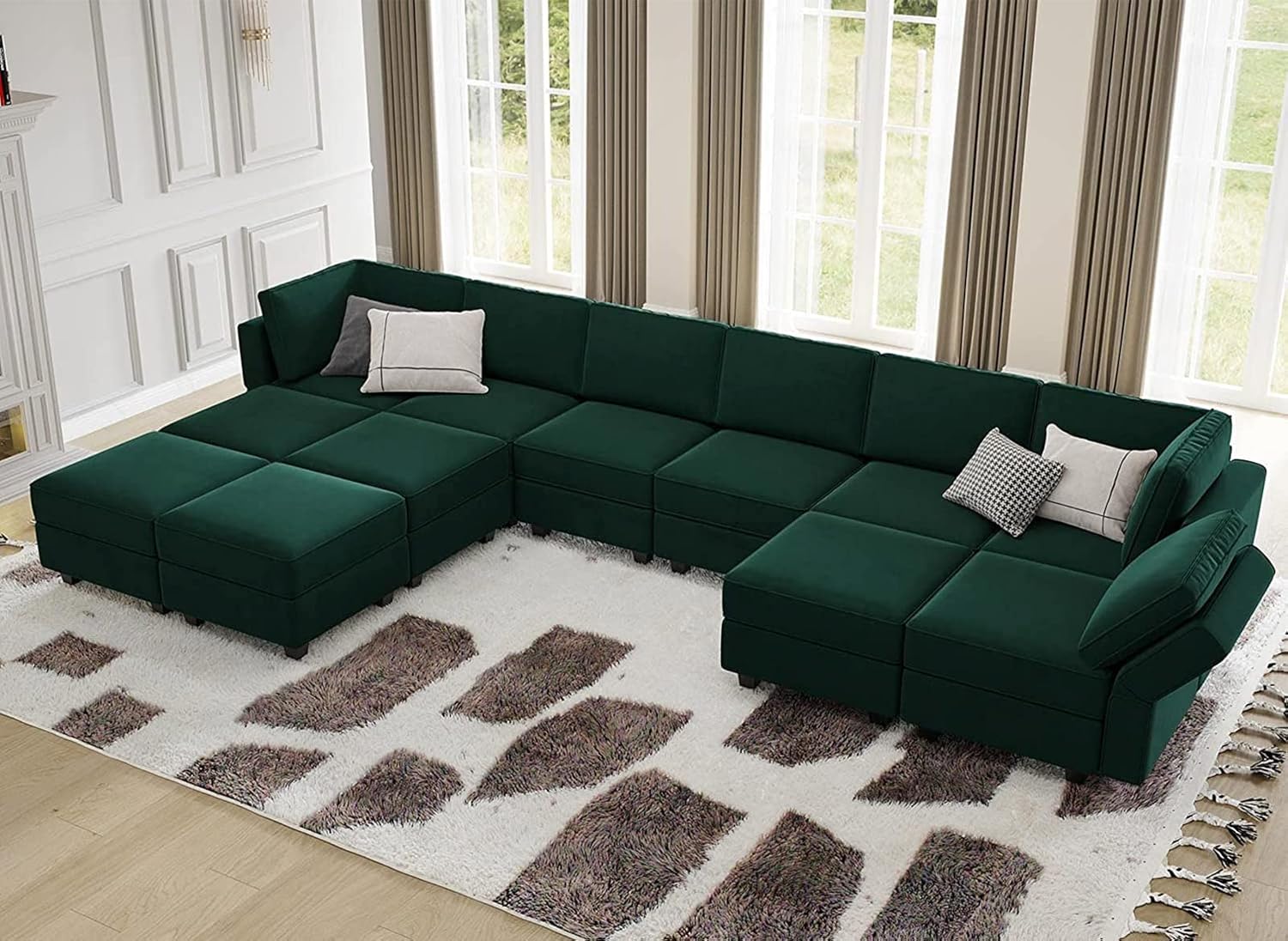 Belffin Oversized Modular Sectional Sofa U Shaped Sectional Couch with Reversible Double Chaises Velvet Modular Sectional Sleeper Sofa with Storage Green