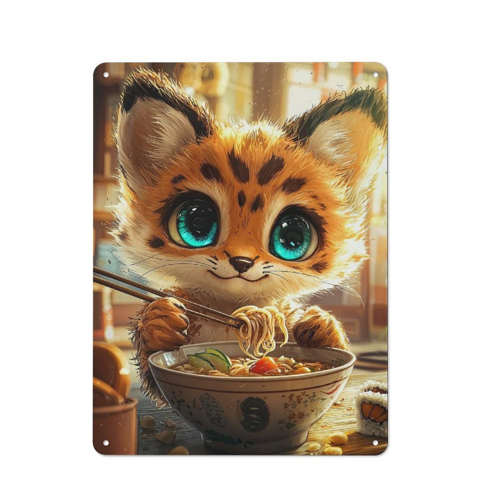 Junmoney Style-17 Cute Cat Eating Ramen Retro-Style Tin Sign 40X30cm For Living Room Or Hallway, For Home Wall Decor Collectors Refreshing A Room In Autumn