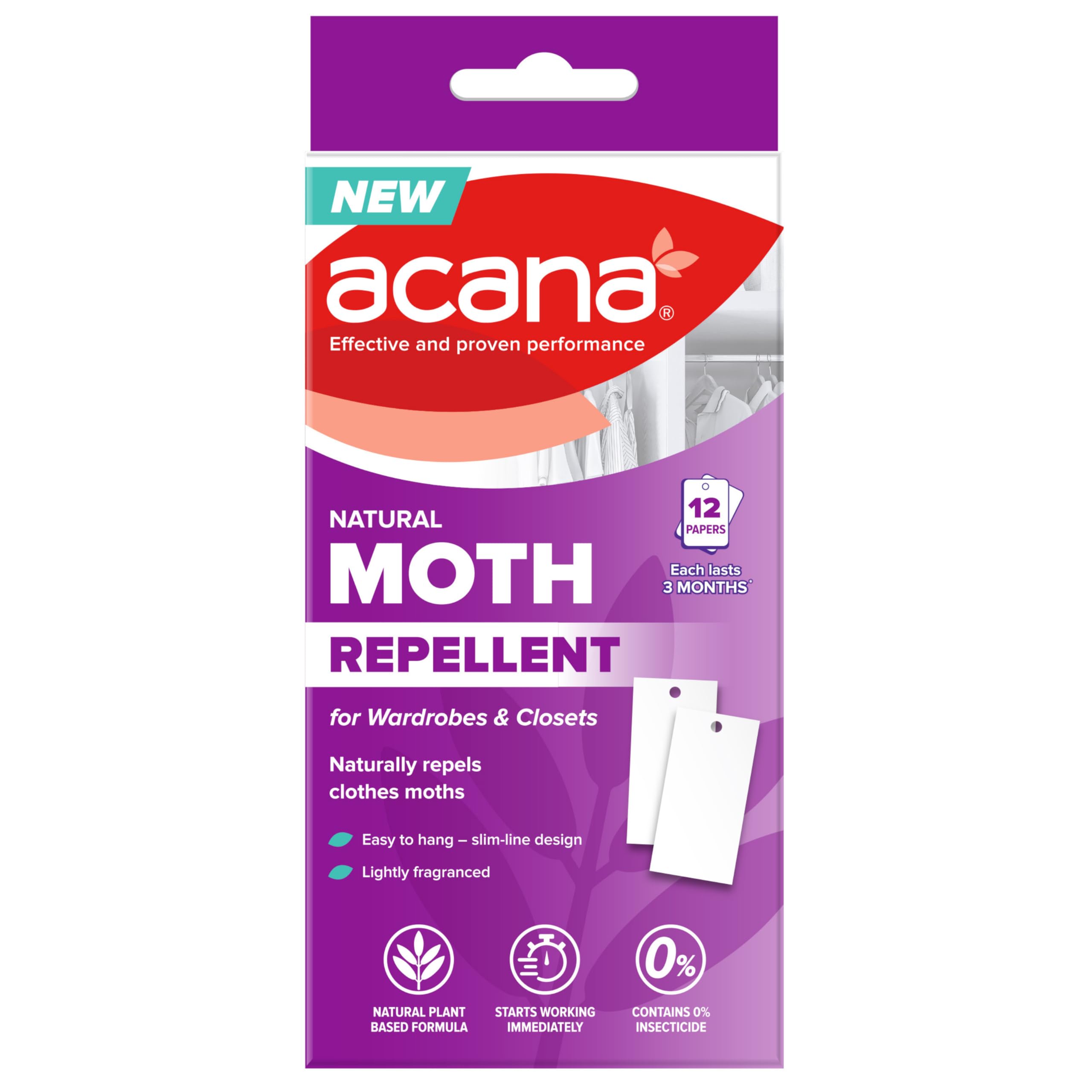 Acana Natural Moth Repellent Papers 12 Pack for Wardrobes & Closets – Plant Based Formula – Long Lasting Protection Up to 3 Months – Protects Clothes & Fabrics