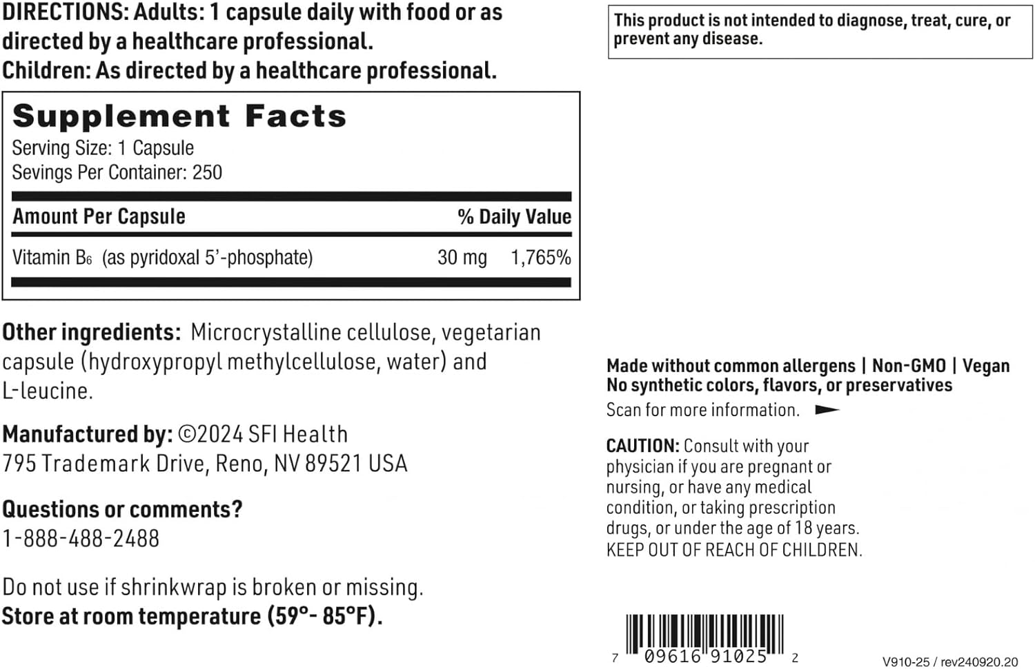 Klaire Labs SFI Health P-5-P - 30 Milligrams of Bioactive Vitamin B6 Pyridoxal-5-Phosphate for Metabolic & Liver Support, Hypoallergenic (250 Capsules)