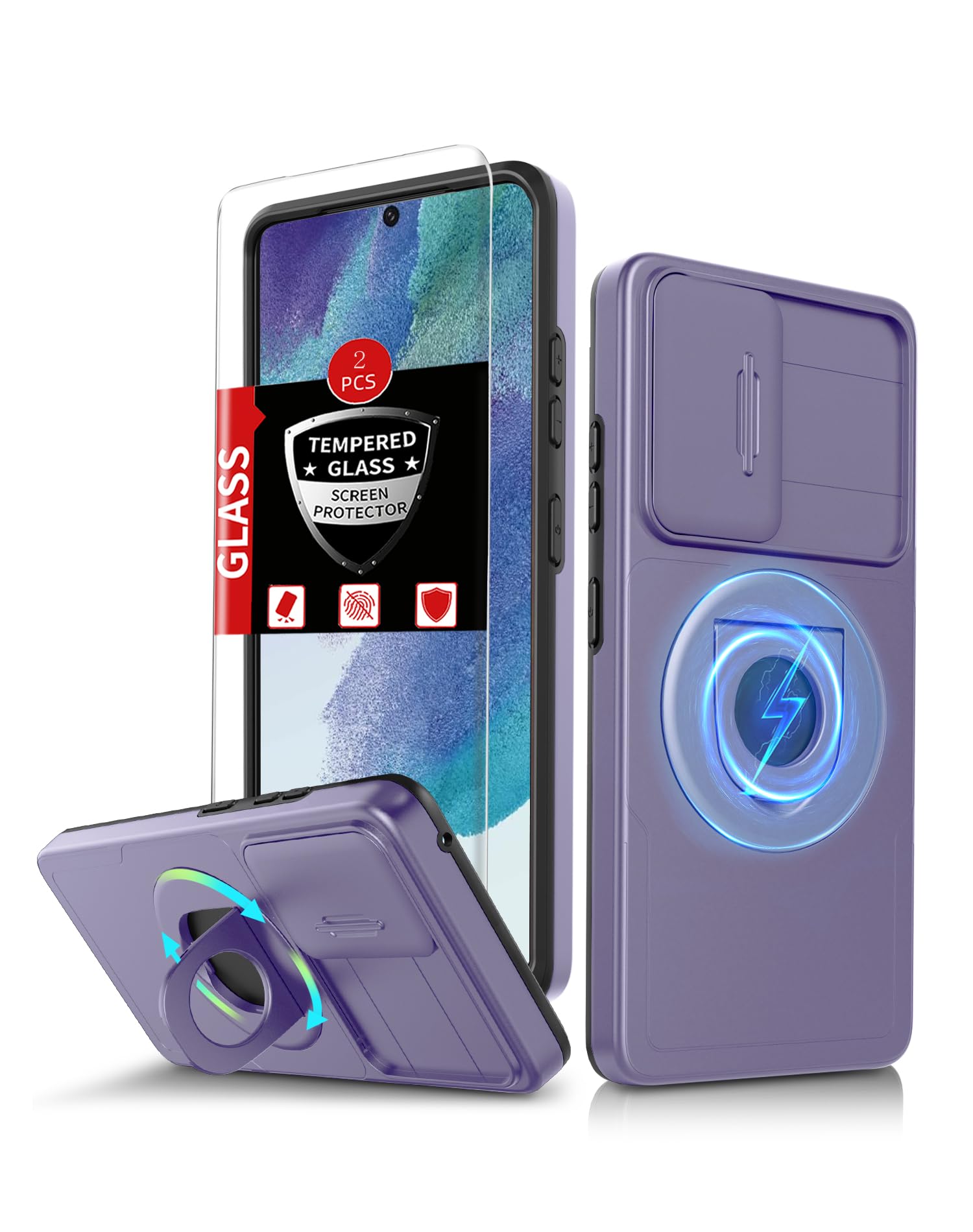 FRLMOOES for Samsung Galaxy S21 FE Case Magnetic Kickstand + Camera Cover | Compatible with MagSafe Wireless Charging,with 2 Screen Protector,