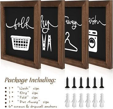 Laundry Room Decor for Wall Farmhouse Signs Set of 4 Wash Dry Fold Put Away Rustic Decor for Laundry Room Shelf Laundry Wall Decor with Wood Frame Decorative Room Sign 8''x 8''
