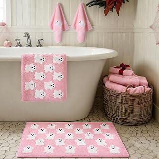 Breling 4 Pcs Pink Halloween Ghost Bathroom Rugs and Towels Set Bath Decor | Cute Spooky Bathroom Decoration, Non‑slip Mat Backing, Washable Soft Absorbent, Cotton Hand Towels, Pastel Gothic Shower Gift