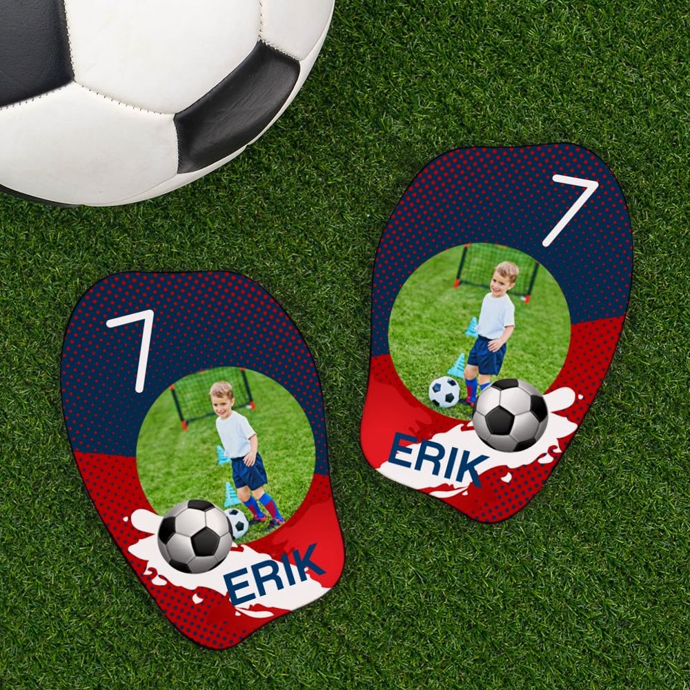 Wanapix | Personalised Cushioned Shin Pads for Kids | Padded and Lightweight | Total Customisation | Blue, Red and White - Size M
