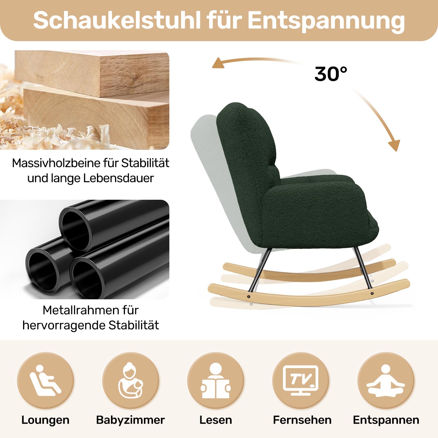 Hawthyhome Schaukelstuhl Relaxstuhl Sessel Stuhl Wohnzimmersessel, Schaukelsessel Gepolsterter Schwingsessel bis 136 kg belastbar Dunkelgrüne Lounge Chair fürs Wohnzimmer Schlafzimmer Balkon