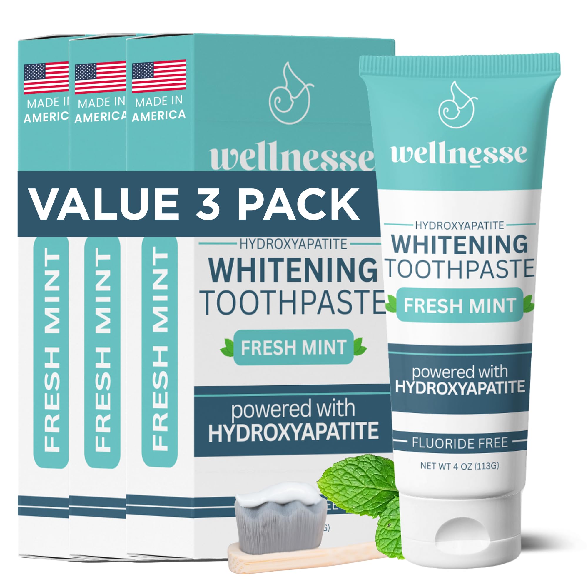Wellnesse Whitening Toothpaste - Teeth Whitening Fluoride Free Natural Toothpaste - Fresh Mint - 3 Tubes, 4 oz - Made with Hydroxyapatite Powder, Green Tea Powder, and Aloe Vera