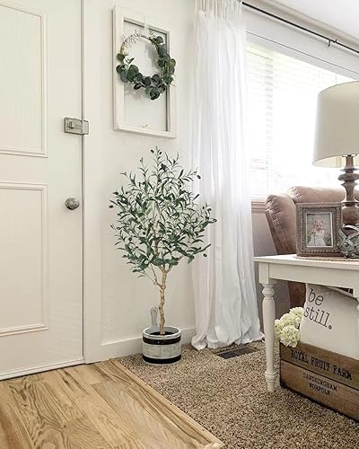 Vista 19 de Phimos Árbol de olivo artificial alto falso en maceta con maceta, grandes ramas de olivo sintético y frutas, árbol artificial para decoración