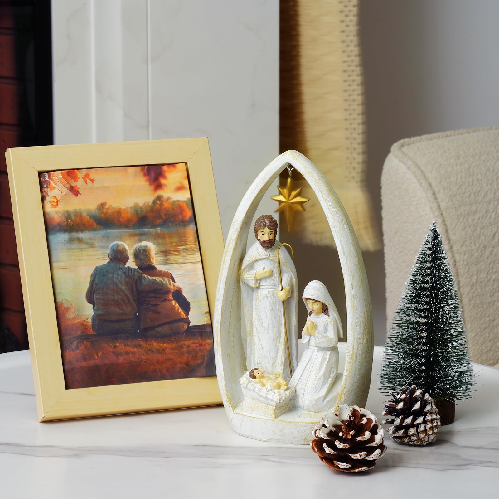 Ensemble de crèche de Noël pour scène de famille sainte - Cadeaux religieux chrétiens - Décoration d'intérieur - Statue en résine - Figurines de décoration - Collection de décorations - 22,4 cm de