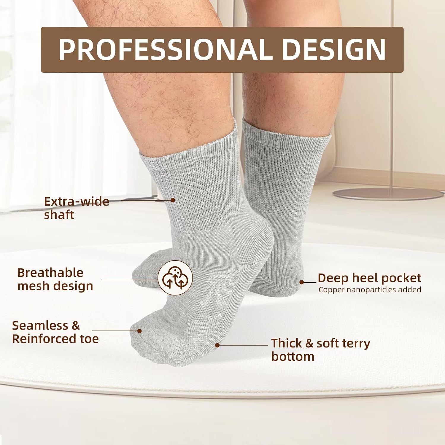 Kodal Copper Infused Diabetic Socks Non-Binding Seamless Orthopedic Ankle/Crew Socks for Swollen Feet Edema & Foot Neuropathy