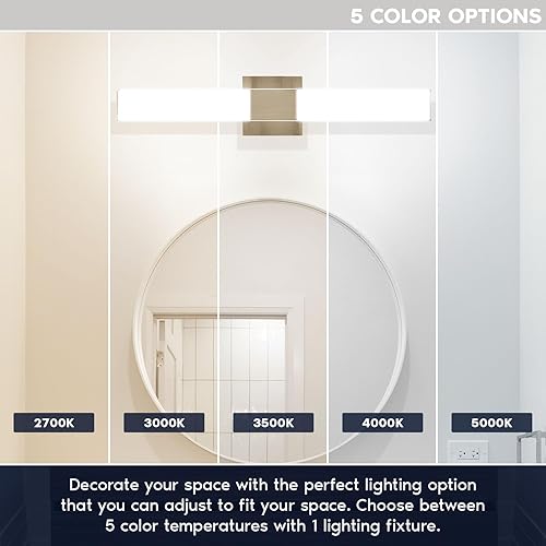 Miniatura 2 de LUXRITE Lámparas LED cuadradas para tocador de baño, 24 pulgadas, níquel cepillado, 5 CCT 2700K-5000K seleccionables sobre espejo, barra de luz de