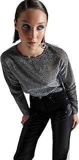 ترنديول بلوزة محبوكة من التول الشفاف بقبة دائرية ضيقة وقصة عادية/عادية، لون اسود، TWOAW24BZ00019