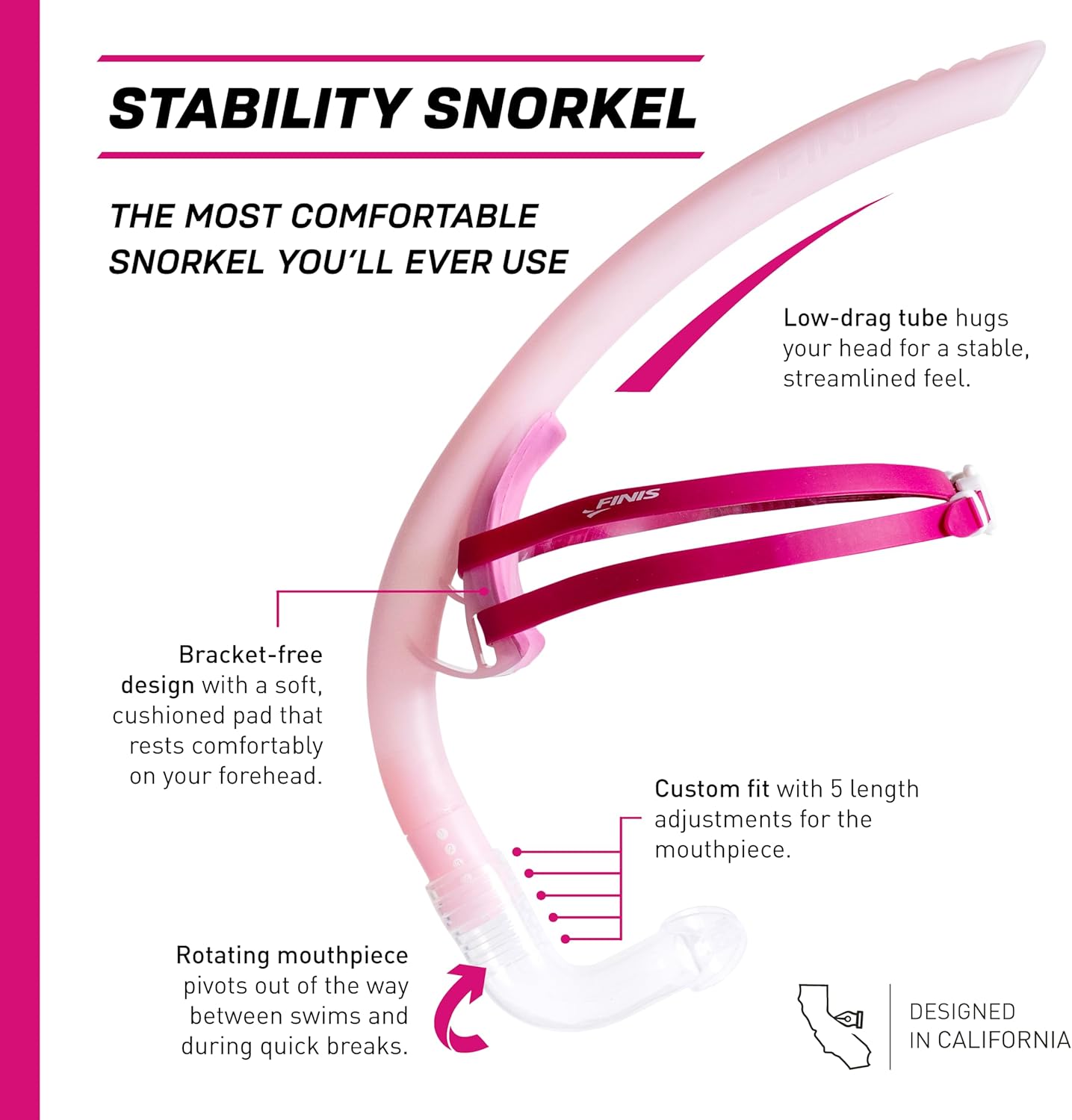 FINIS Stability Swimmer’s Snorkel - Bracketless - Center-Mount Swim Training Snorkel - Adjustable Fit - Silicone Mouthpiece