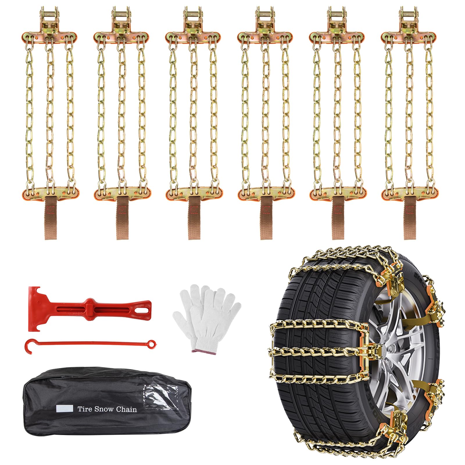 Paquete de 6 cadenas de nieve para automóviles y furgonetas, cadenas de hierro de 3 eslabones para neumáticos de 195 a 265 mm, cadenas de nieve antideslizantes resistentes para nieve y barro de