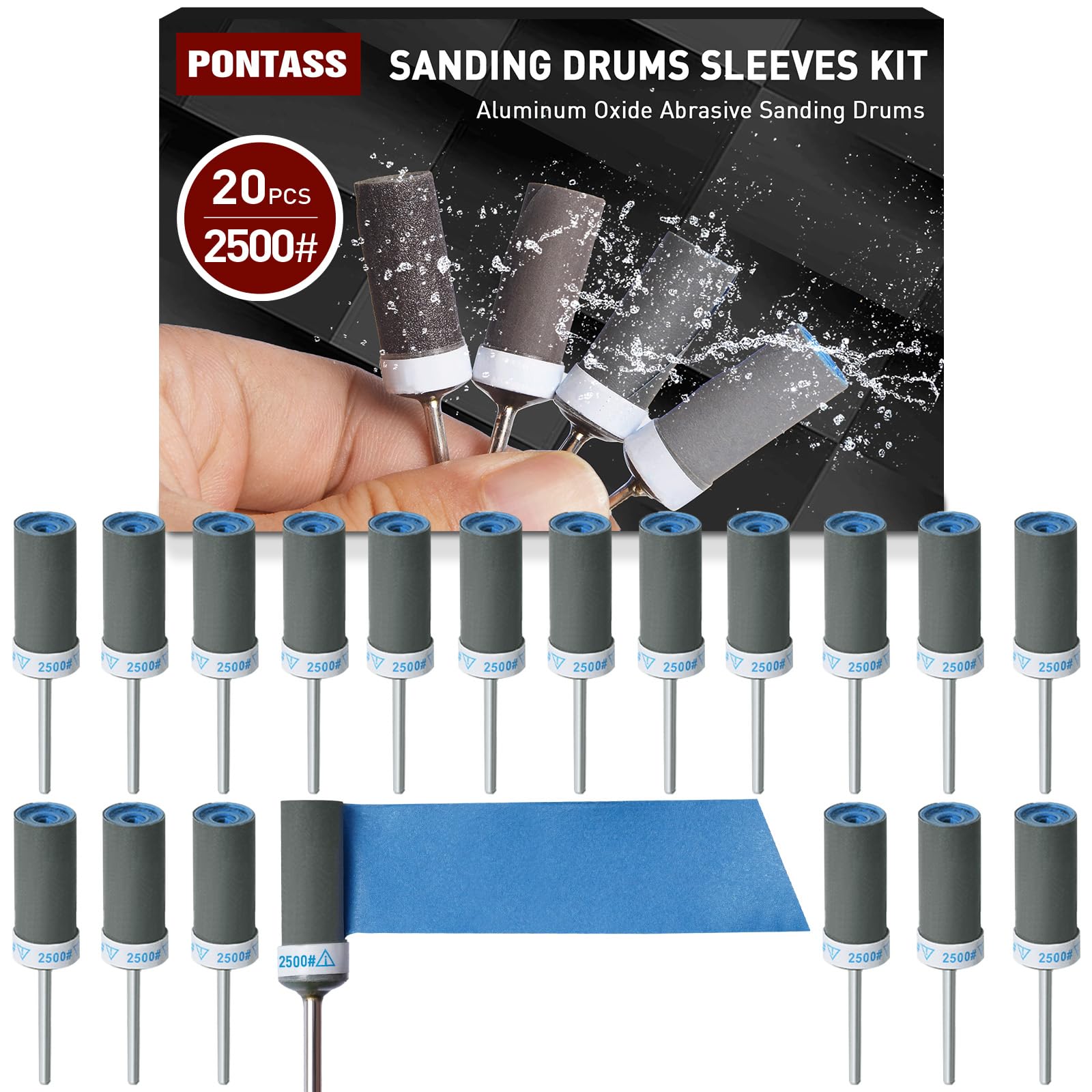 20Pcs Drum Sander Set for Rotary Tool Sanding, 2500 Grits Sanding Drums Sandpaper Sticks Set with 1/8"(3mm) Shank, Sanding Drill bit for Metal, Wood, Jade, Wall, Car Polishing Grinding