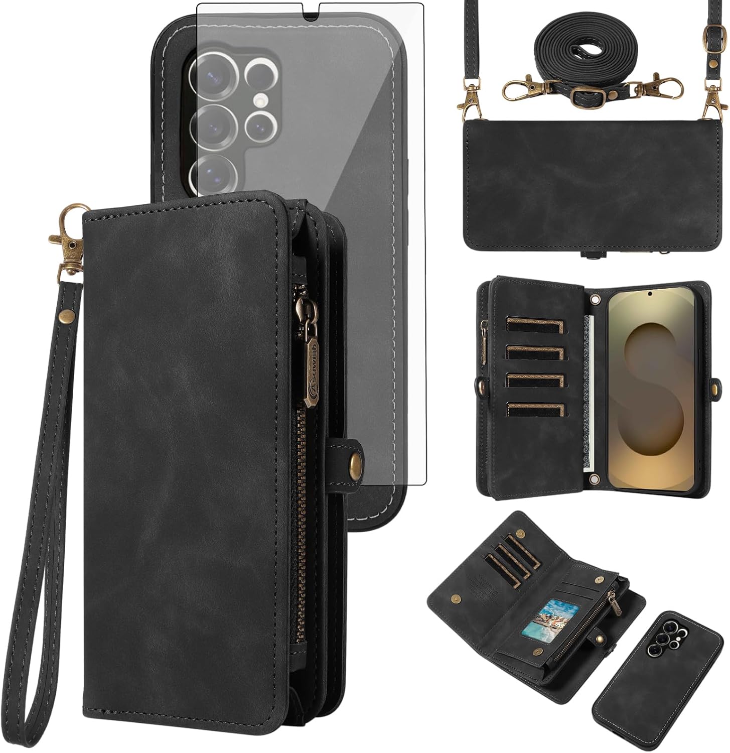 Asuwish Phone Case for Samsung Galaxy S25 Ultra 5G Zipper Wallet Detachable Cell Cover with Tempered Glass Screen Protector Strap Flip Card Holder S25Ultra 25S S 25 25Ultra 6.9 2025 Women Girls Black