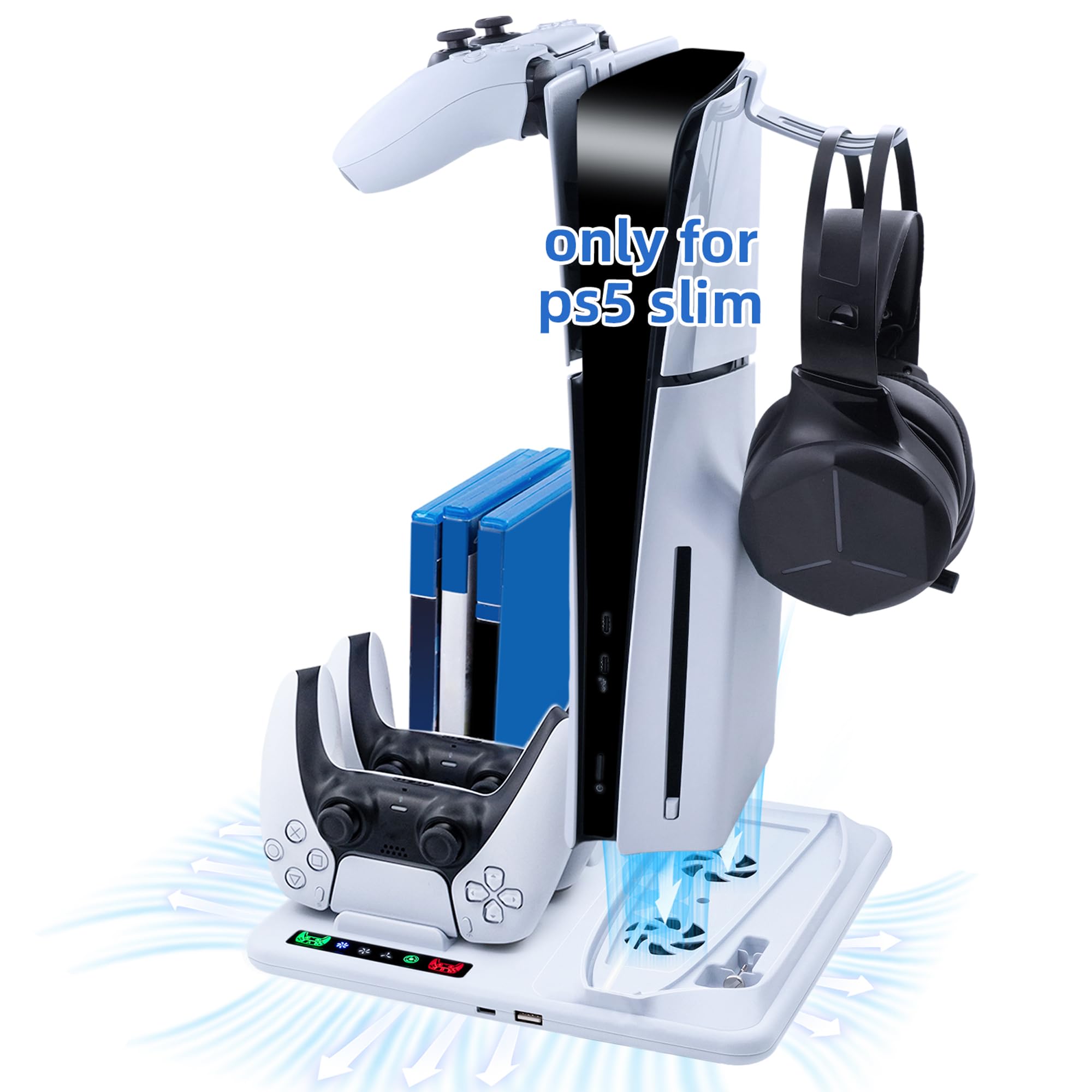 Wigearss Supporto Verticale PS5 Slim Raffreddamento con Doppio Caricatore Controller, Base di Ricarica Joystick PS5 con Ventola Raffreddamento per PS5 Slim Disc/Digital Edition, Non per PS5/PS5 Pro