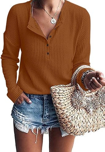 MOLERANI Womens Long Sleeve Waffle Knit Henley Shirts Tunic Tops | Button Front, Classic Henley V Neck, Relaxed Drop Shoulder Fit, Perfect for Spring, Fall & Winter Layering and Everyday Wear
