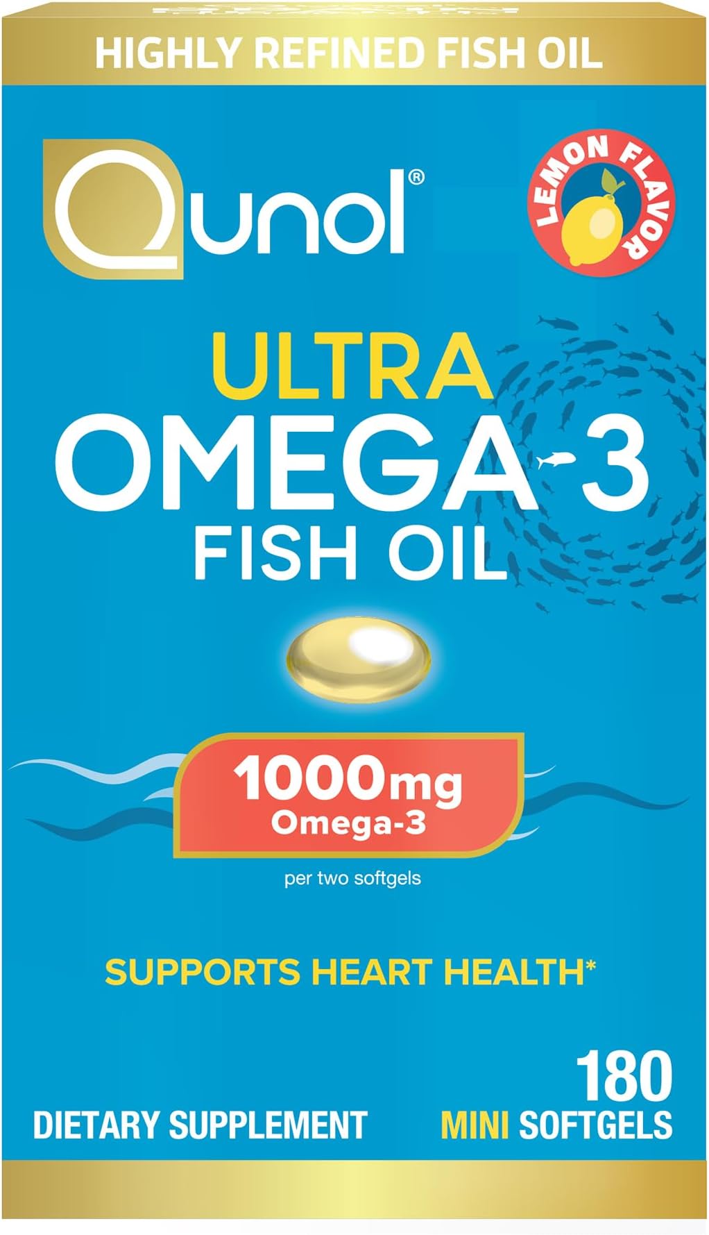 Qunol Fish Oil Omega 3 Mini Softgels, 1000mg Omega 3 EPA + DHA, Ultra Pure Supplements, Heart Health Support, Lemon Flavor, Easy to Swallow Minis, 3 Month Supply, 180 Count