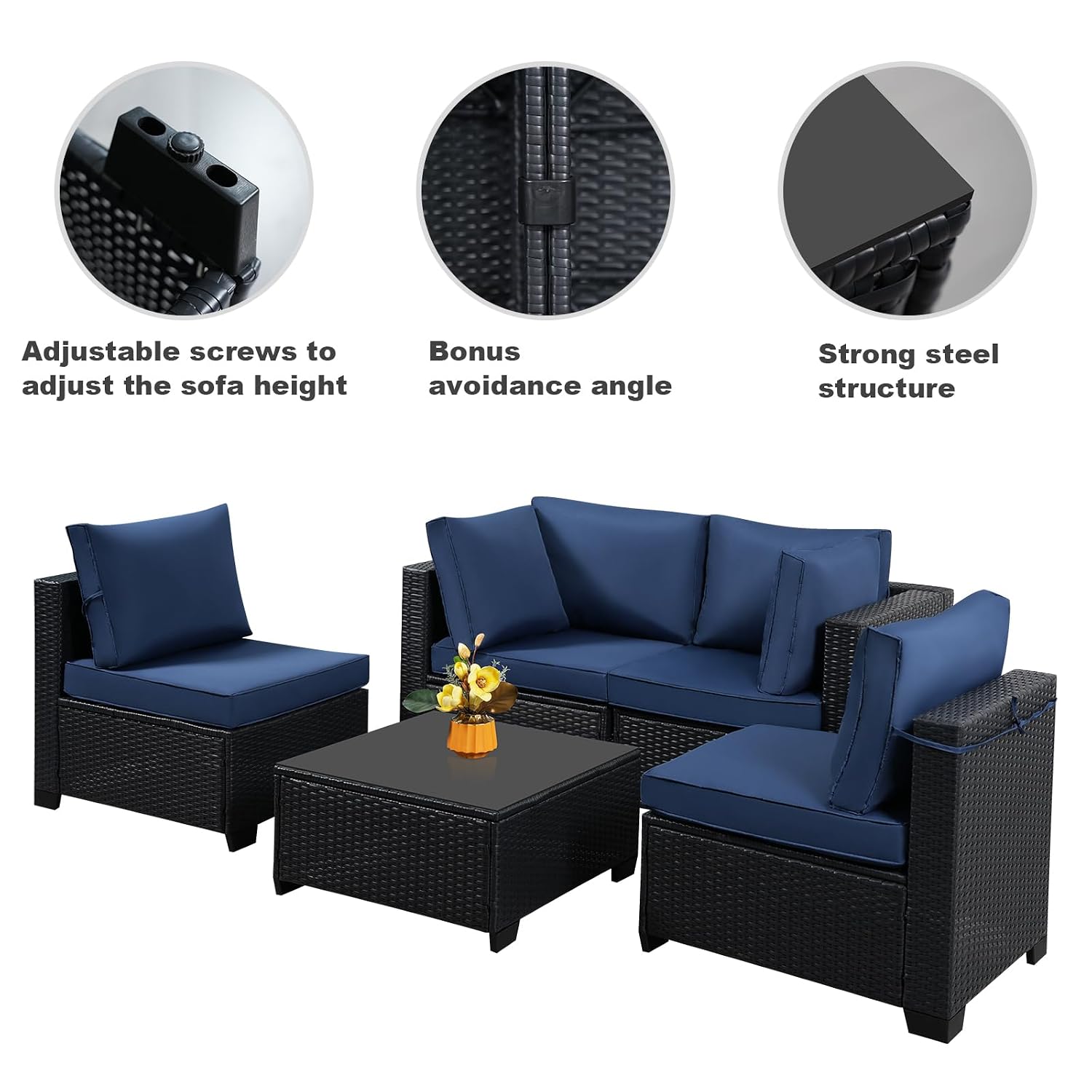SJGUOJI 5 Pcs Patio Garden Furniture Sets, Small All-Weather Handwoven PE Rattan Conversation Set, with 4-Seater Washable Cushions and Glass Table, Dark Blue - Image 3
