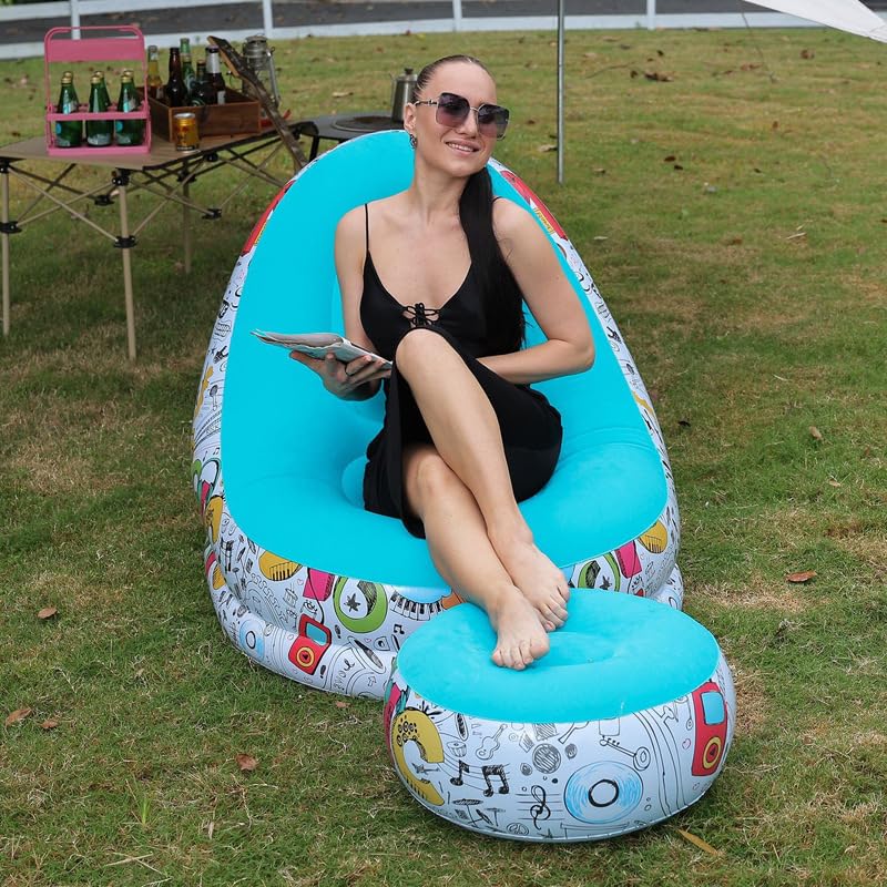 Image of Primechoice Pu, Plastic Inflatable Lounge Chair with Footrest 2-in-1 Air Sofa for Adults, Folding Portable Lazy Recliner with Pump for Indoor Living Room, Office, Outdoor Camping (Graffiti Blue)