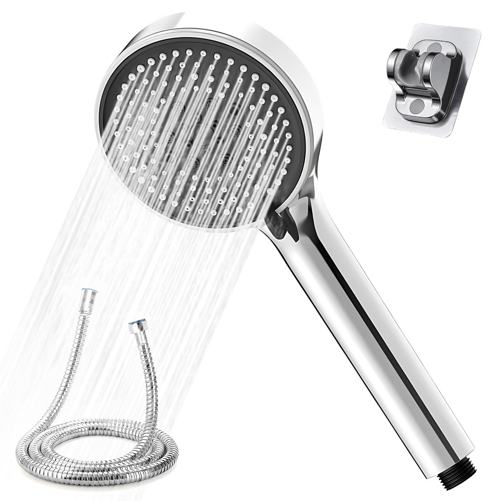 Soffione doccia ad alta pressione, soffione doccia ad alta pressione con tubo da 2 m, cromato 5 tipi di getto, soffione doccia con funzione anticalcare, per adulti e bambini, animali domestici, 12 cm