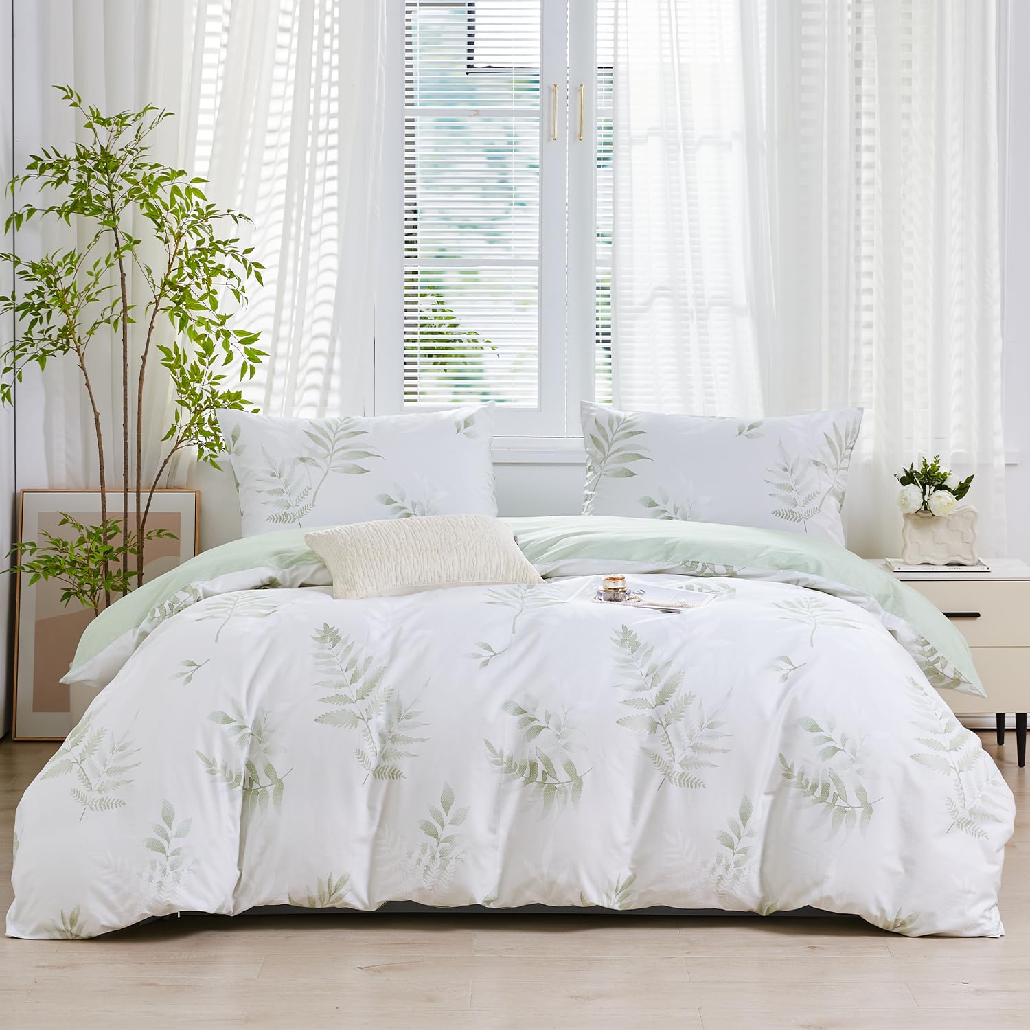 SAPHREAS Tropical Green Duvet Cover Set 100% Cotton Double Size, Botanical Leaves Bedding Comforter Cover Set with Zipper Closure, 1 Cotton Duvet Cover 2 Pillow Shams, NO Comforter — image 1