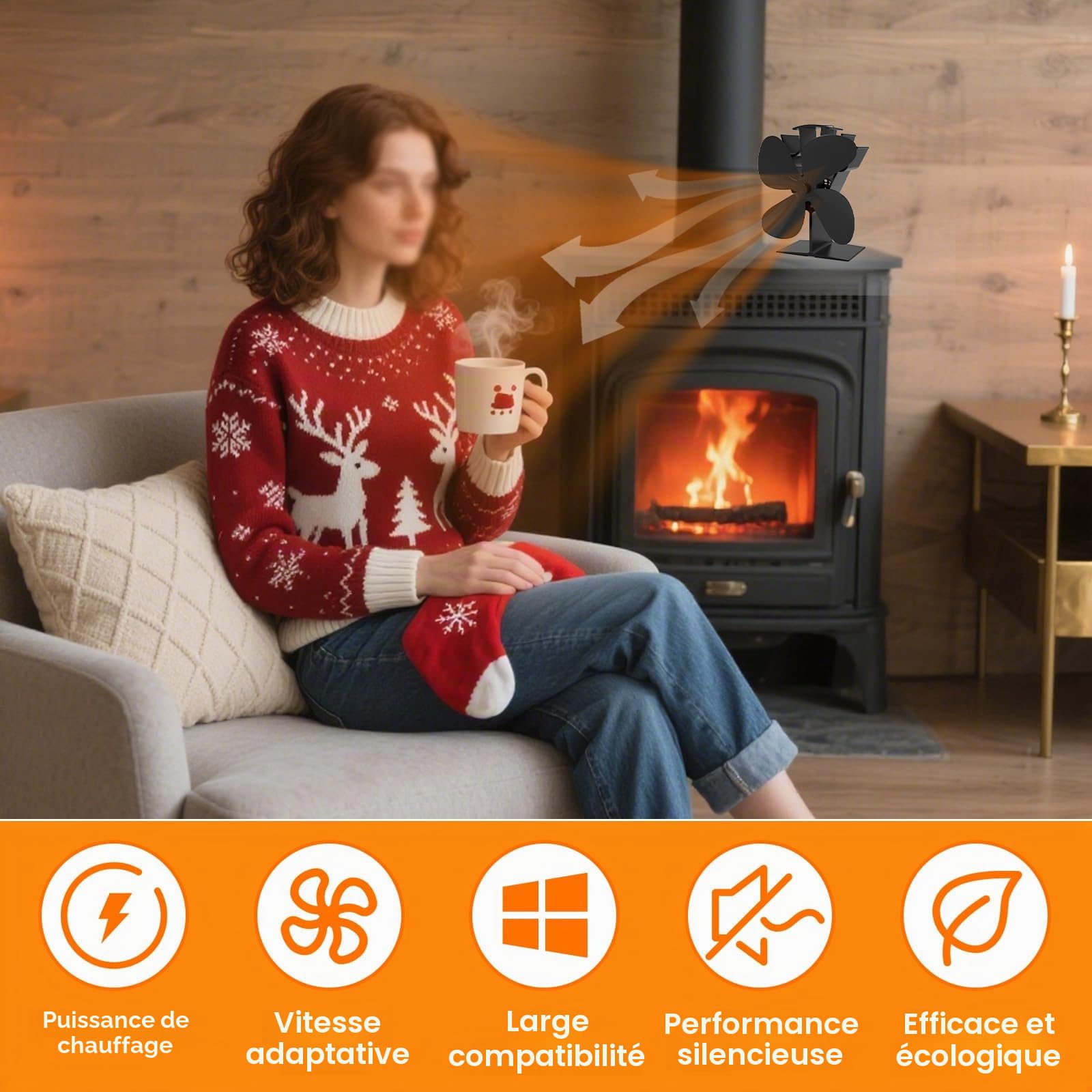 Ventilateur Cheminée Poêle à Bois Silencieux 4 Pales, Moyen | Efficacité Accrue, Poêle à Granulés, Gaz, Bûche