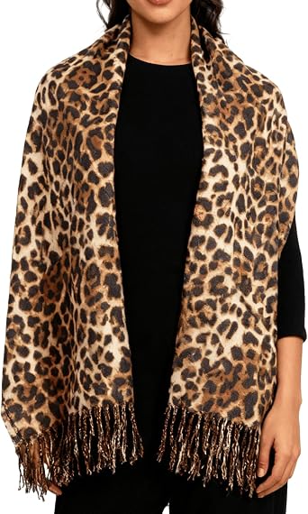 Womens Leopard Print Shawl Scarf-Soft Long Scarf Fashion Tassels Warm Shawl Scarves for All Season