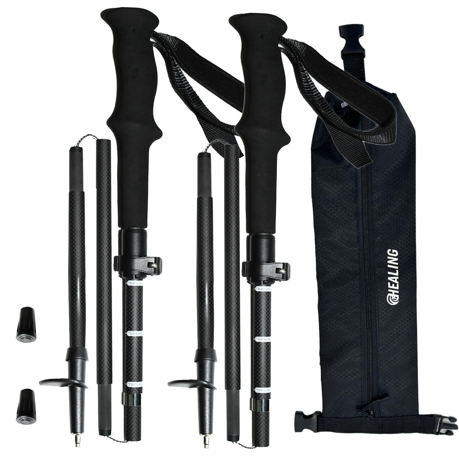 OKHEALING Ultralight Carbon Fibre Trekking Poles, Set of 2, Foldable, Retractable, Hiking Canes with Moisture Wicking Handles (L (115-135cm))