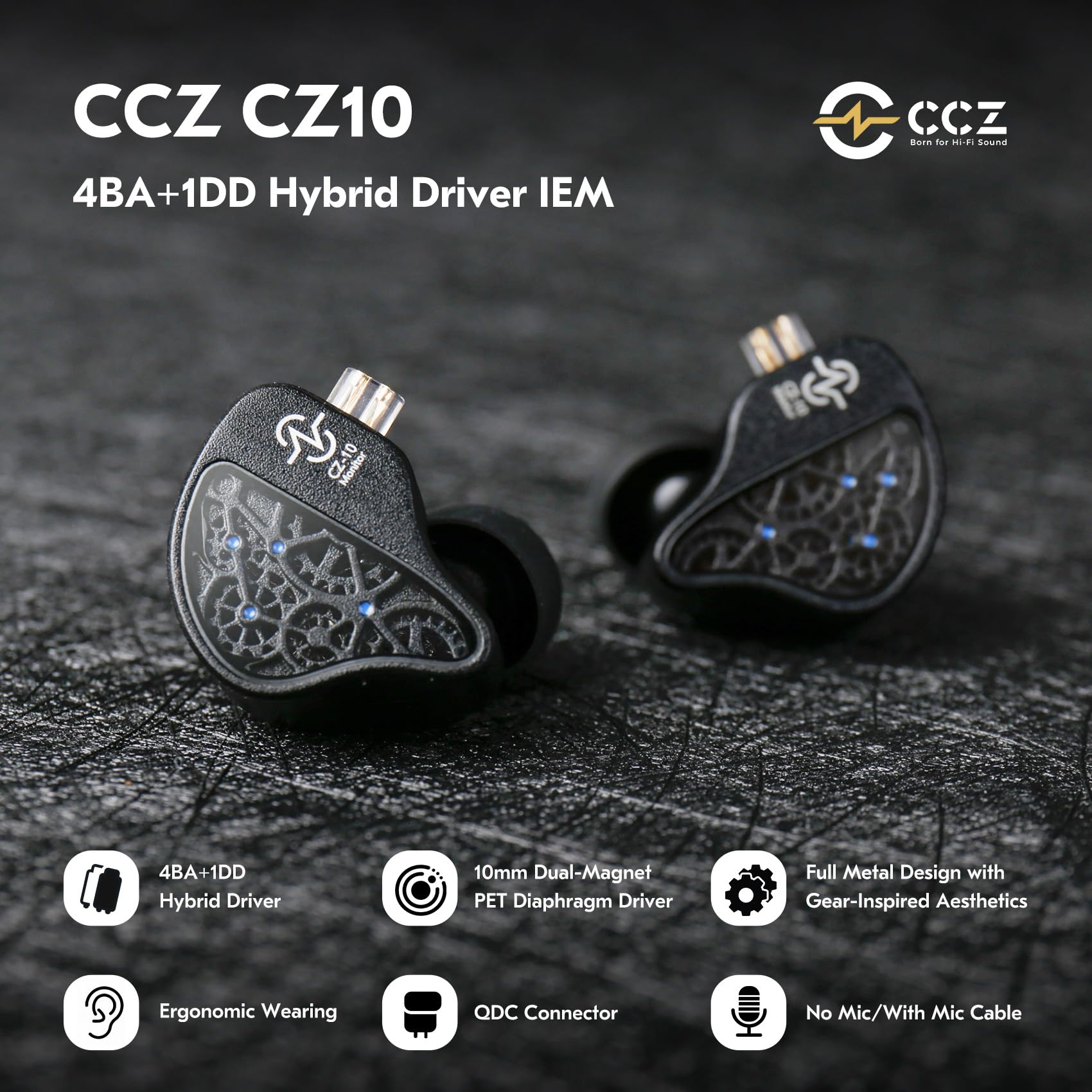 CCZ CZ10 - Auriculares intraurales con monitor de oído, 4BA+1DD, auriculares híbridos para juegos, IEM de alta resolución para músico cantante de juegos, auriculares con cable HiFi con cancelación de