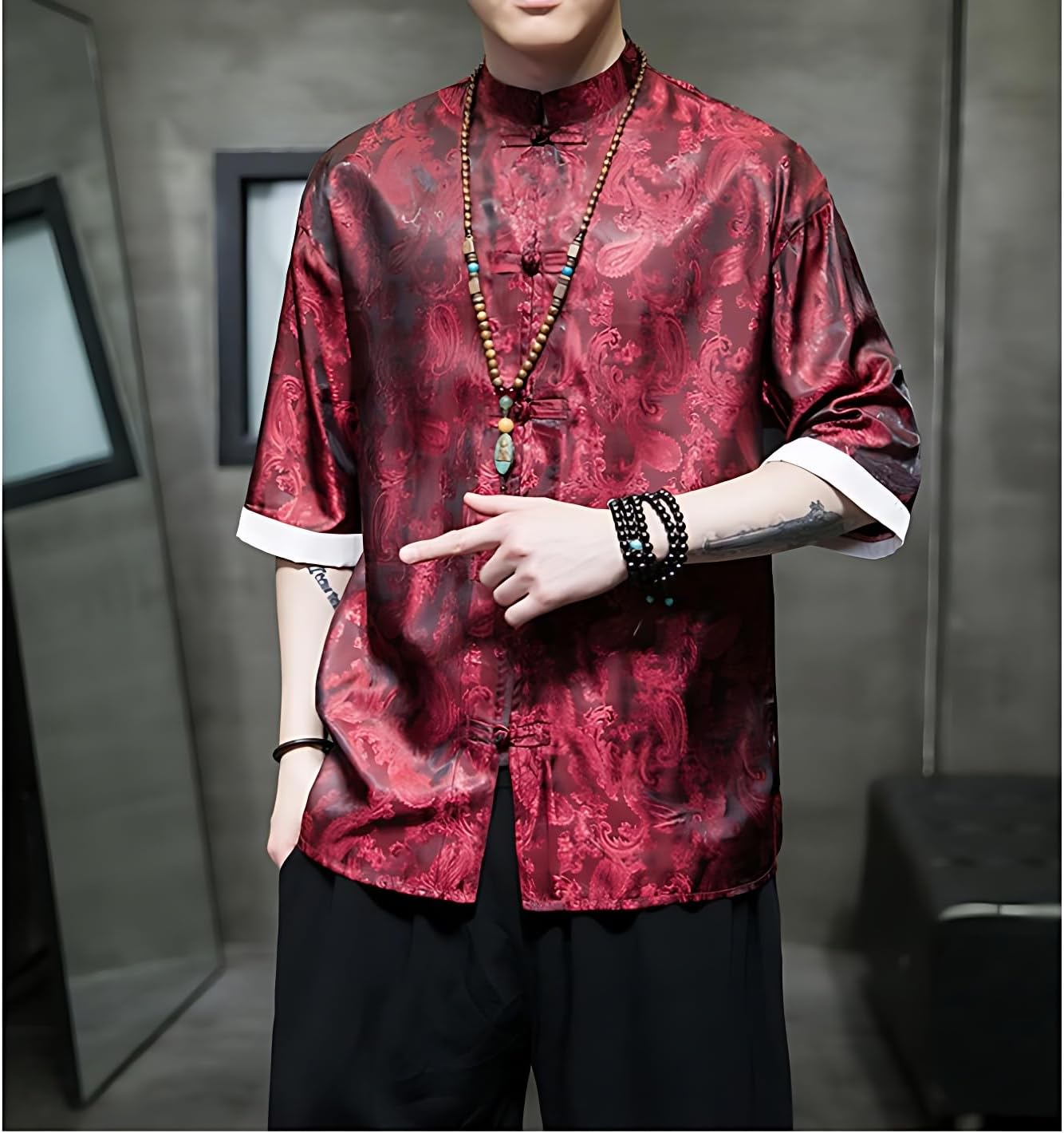 Men's Kung Fu Shirt,Traditional Chinese Hanfu Tang Suit Coat with Silk Printing,Half Sleeve Top for Casual Summer Outfits Wine Red