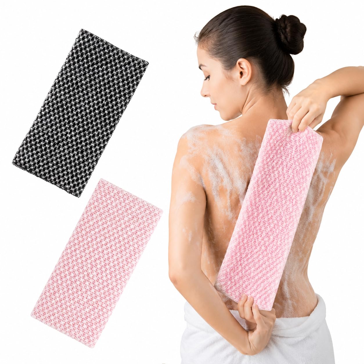 2Pcs Japanese Exfoliating Towel, Silver lon Exfoliating Shower Towel, Back Extra Long Exfoliating Washcloth for Men Women, Body Scrub Loofah for Cleaning and Massage (Black & Pink)