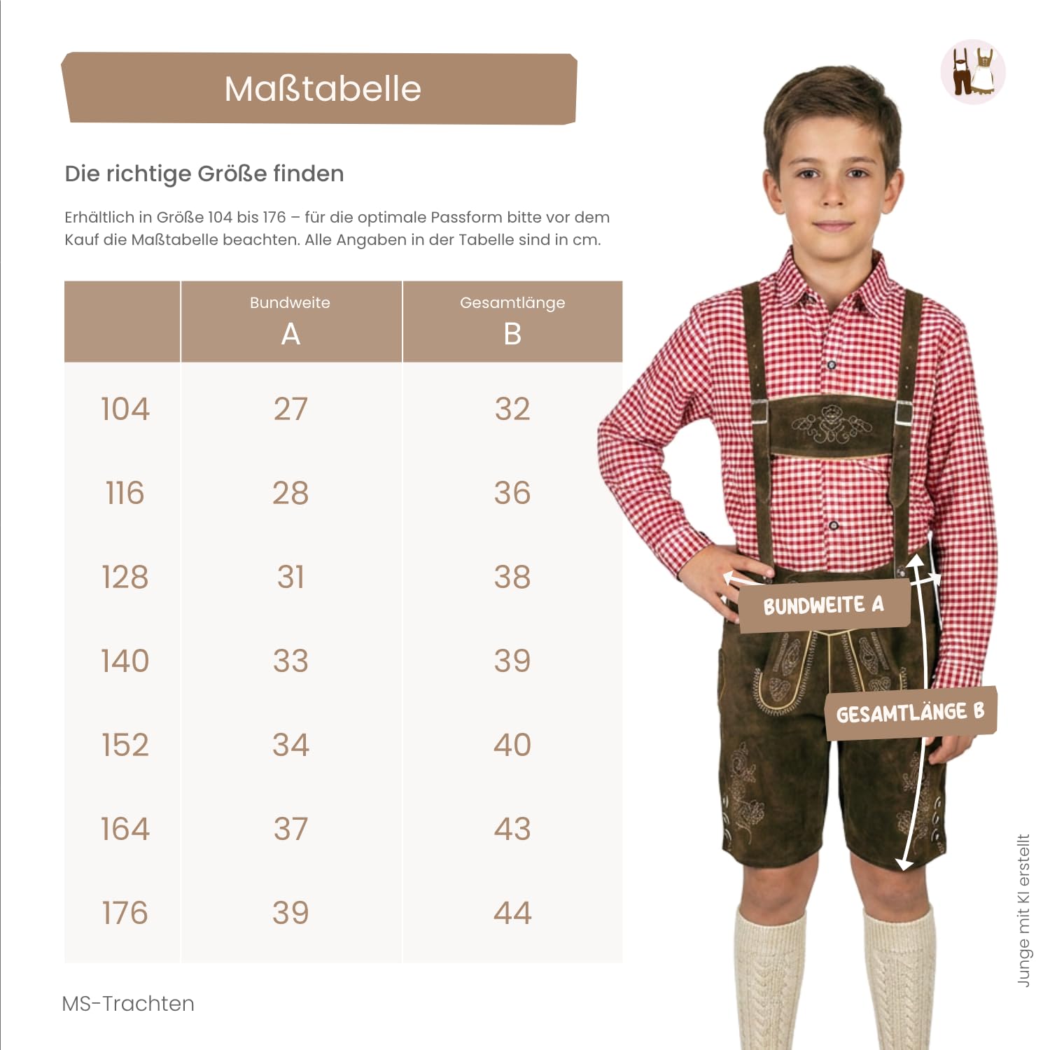 MS-Trachten Pantaloni Tradizionali in Pelle per Bambini Pantaloni Leo Tracht Marrone Corto
