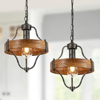 Rustic Wood Pendant Light Fixture, Farmhouse Adjustable Chain Hanging Lighting Wood and Metal Lantern Cage for Kitchen Island, Bathroom, Bar, Hallway, Dining Room, Bedroom, Foyer, 2Pack