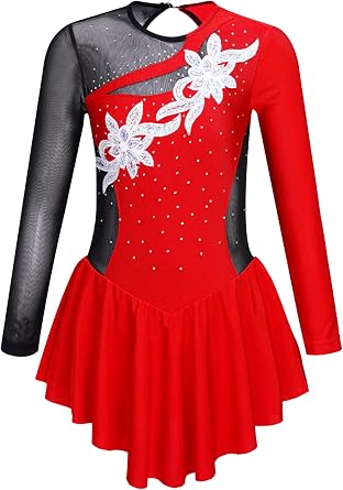 inlzdz Figure Ice Skating Dress for Kids Girls Long Sleeve Rhinestones Mesh Splice Gym Skirted Leotard Dance Performance Costume
