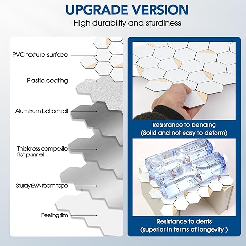 Miniatura 5 de Azulejos hexagonales para salpicaduras para despegar y pegar, 12 x 10.4 pulgadas, azulejos de pared de PVC 3D de metal mixto blanco puro para cocina